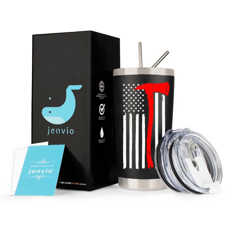 JENVIO Firefighter Gifts for Men | Stainless Steel Travel Tumbler/Mug with Lid for Coffee Cup| Thin Red Line Flag Design for Fireman | Fire Department | First Responder Valentine's Day Gift (20oz Black) - Image 2